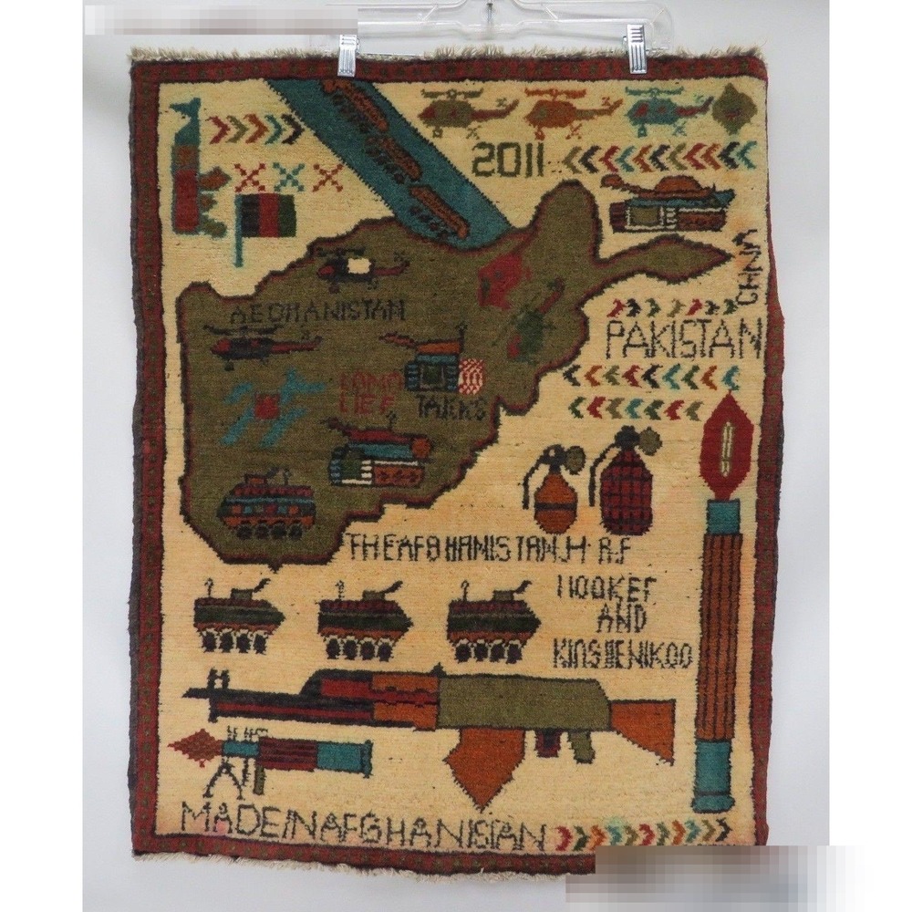 2011 Afghanistan War Rug – Hand Knotted Military Map Pictorial Carpet 34x26